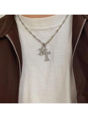 Cyber Vintage y2k style Double Cross Silver Necklace. Rhinestone Cross. 19.5